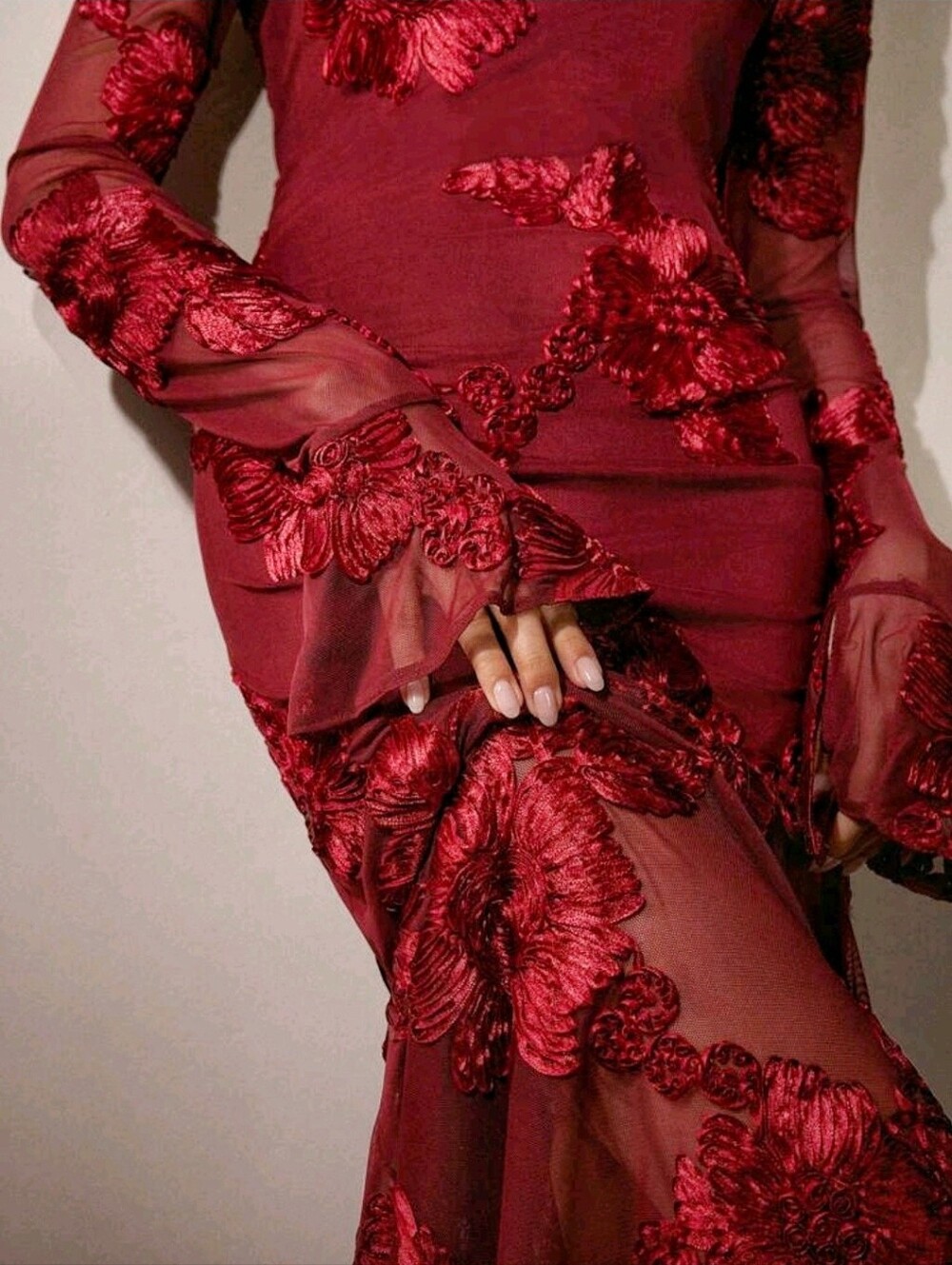 New Luxe Embroidered Sheer Floral Mesh Bodycon Mermaid Dress Red - Picture 6 of 15